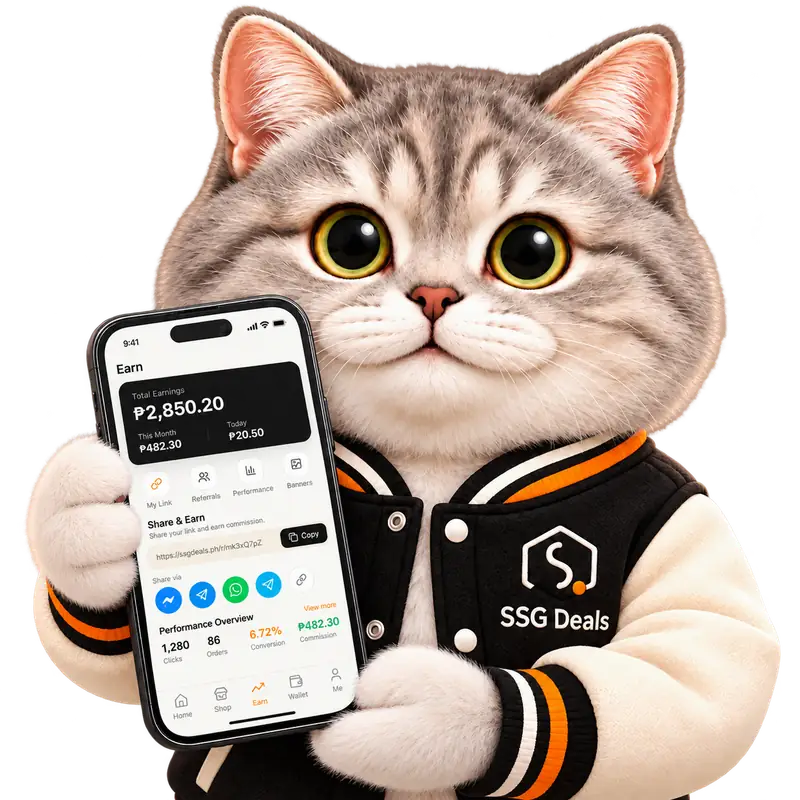 PIPI, the SSG Deals mascot, in a varsity jacket, holding a phone that shows the promoter Earn page
