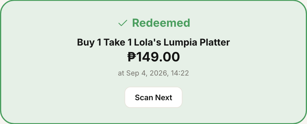 Merchant scan and redeem screen: a voucher marked Redeemed