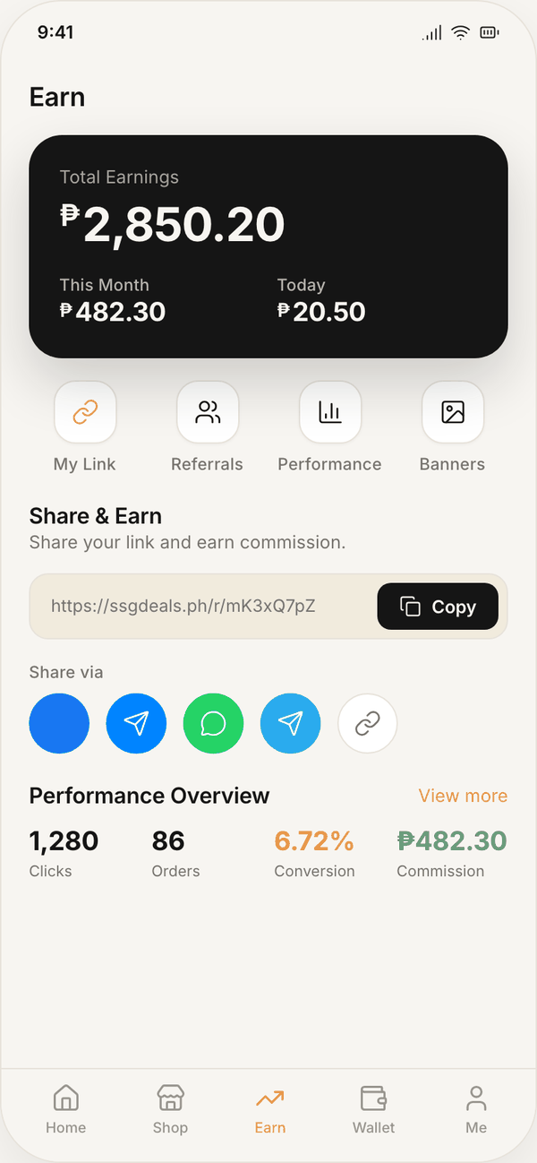 Promoter app screenshot: Earn screen showing clicks, orders and commission