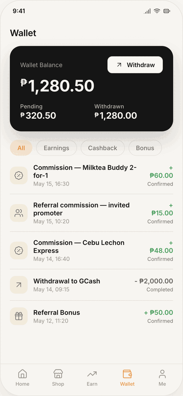 Promoter app screenshot: Wallet showing pending, available and withdrawn balances