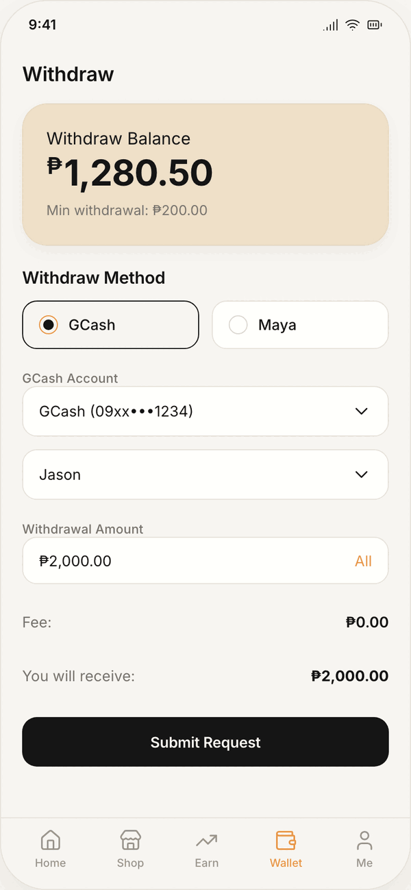 Promoter app screenshot: Withdraw screen with GCash and Maya as payout methods